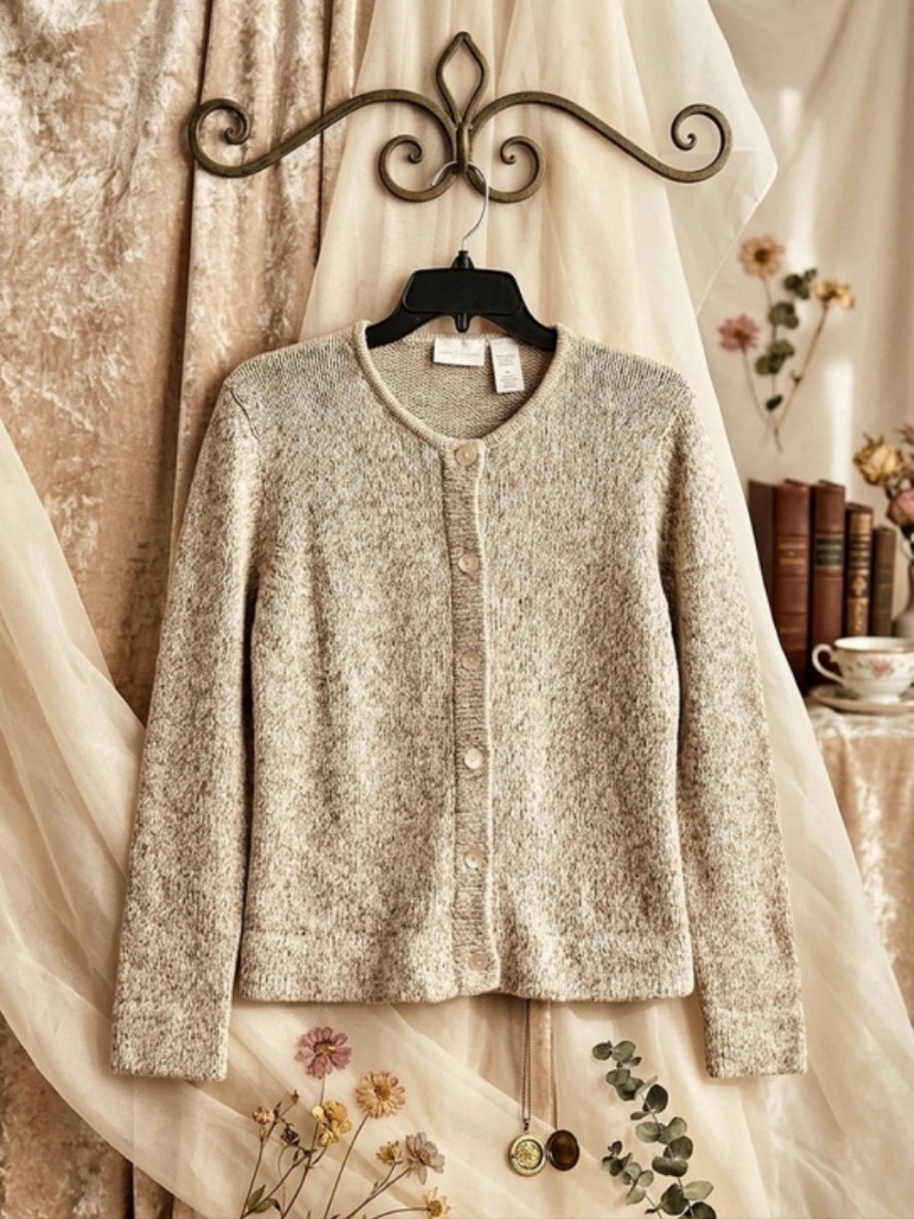 Liz Claiborne Liz Sport Button-Front Cardigan in Marbled Beige Like New Medium